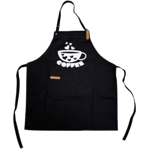 A black poly-cotton canvas full bib apron with a neck strap, featuring a coffee cup design and a logo.