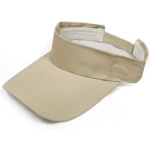 A beige sport visor with a curved brim and an adjustable strap at the back, featuring a logo.