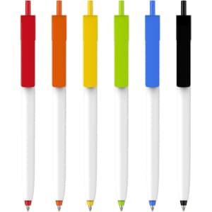 A selection of push button pens featuring creamy white barrels and brightly coloured caps in red, orange, yellow, green, blue, and black.