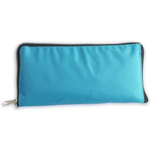 A blue foldable tote bag, displayed flat, with a zipper and a subtle logo on one side.