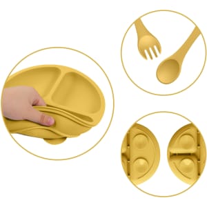 A yellow silicone kids suction plate with compartments, accompanied by a spoon and fork, featuring a logo.