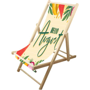 A beach chair with a beech frame features a vibrant design with fruits and the word "August."
