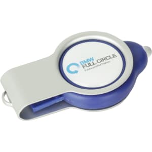 A blue and silver retractable flash drive with a round logo on the top.