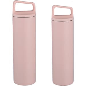 A drink bottle duo in soft pink, featuring a handle and made of stainless steel with a vacuum thermal design.