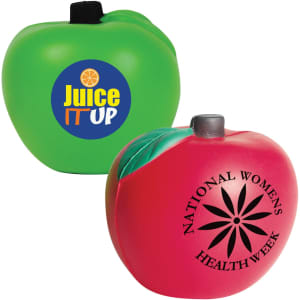 A green and red apple-shaped stress reliever with a logo on one side and text on the other.