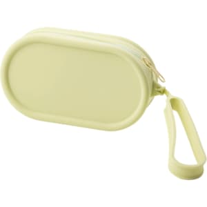 A round, pale yellow silicone storage bag with a zipper and a convenient carrying strap.
