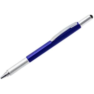 A metal pen with a blue body and silver accents, featuring a stylus tip on the end and branding visible.