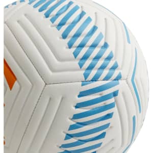 A premium soccer ball in white with blue and orange accents, featuring a textured surface and logo.