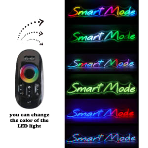 A remote control with a circular colour wheel and buttons next to colourful neon LED text. It includes a logo.