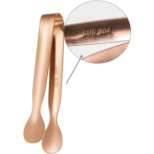 A stainless steel ice tong in a rose gold finish, featuring a branded logo and engraved markings on the inner side.