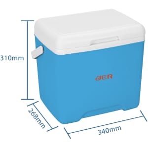 A blue 13L cooler box with a white lid and a side handle, featuring measurements displayed beside it.