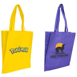 A yellow non-woven long handle bag with a logo and a purple non-woven long handle bag featuring a logo.