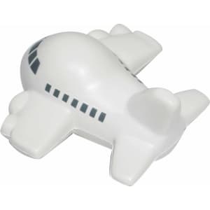 A white aircraft-shaped stress reliever with black detailing, featuring a logo on the surface.