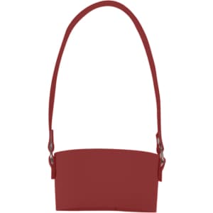A drink bottle holder in a deep red colour with a long strap and metal clasps. It features a logo.