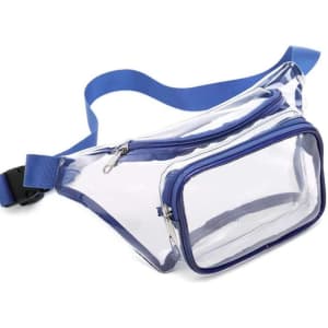A clear fanny pack with blue zippers and a blue adjustable strap. It has one main compartment and a front pocket.