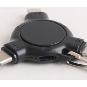A black 3-In-1 ABS data blocker with a keyring and three different charging connectors attached.