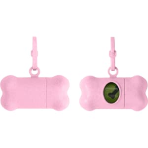 A pink bone-shaped pet wastebag dispenser with a clip for attachment and a transparent window. Features a logo.