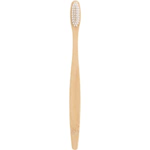 A large bamboo toothbrush with a wooden handle and white bristles. It features a simple design and includes a logo.