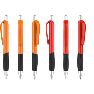 A set of six plastic pens with orange, yellow, and red barrels, featuring black grips and silver accents.
