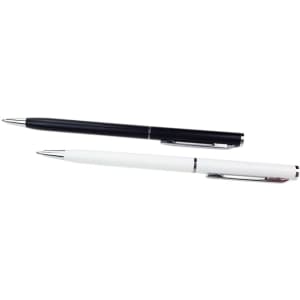 Two Aluminium Cross Pens in black and white, featuring sleek designs and metal finishes. Each pen has a branding logo.