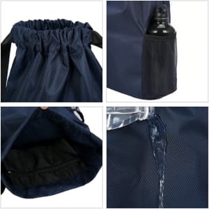 A navy blue fitness drawstring backpack featuring a mesh side pocket for a drink bottle and an inner compartment.