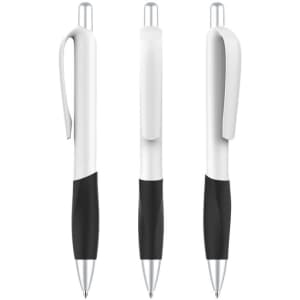 A creamy white barrel plastic pen with a black grip and silver accents, featuring a stylish design and a clip.