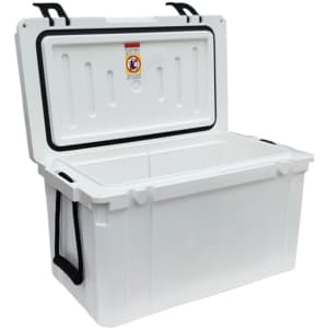 A white cooler box with a hinged lid and handles, featuring a robust design and interior storage space.