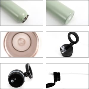 A drink bottle in green, featuring a stainless steel body, a magnetic phone holder, and a black lid with a straw.