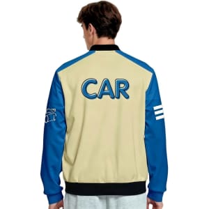 A unisex varsity jacket in cream and blue with a logo on the sleeve and text on the back.
