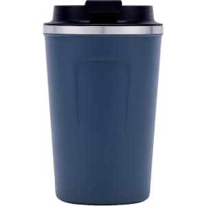 A drink bottle with a dark blue stainless steel finish and a black lid, featuring a logo.