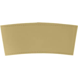 A tan leather cup sleeve with a curved design, featuring stitching details and a logo.