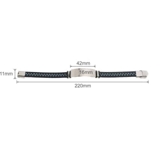 An engraved leather bracelet featuring a black strap with blue stitching and a silver clasp. Dimensions included.
