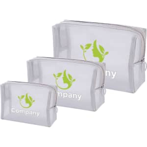 Three transparent nylon mesh cosmetic bags in varying sizes, featuring a logo on each bag.