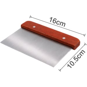 A stainless steel dough scraper with a wooden handle, measuring 16cm by 10.5cm, featuring a sleek silver blade.