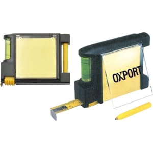A multifunctional tape measure in black with a transparent section, including a level and a pen. It features a logo.