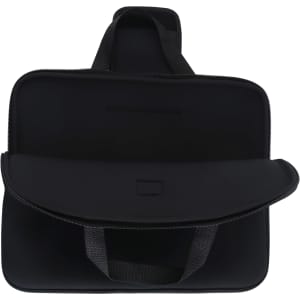 A black deluxe laptop bag with a top handle and a flap closure, featuring an interior pocket.
