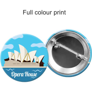 A round button badge featuring the Sydney Opera House in vibrant colours, with a pin back for attachment.