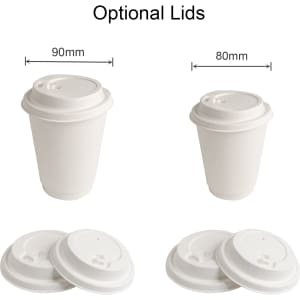 A set of white compostable paper cups with optional lids, featuring measurements for cup size and lid compatibility.