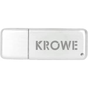 A silver flash drive with a branded logo, featuring a sleek, rectangular design.