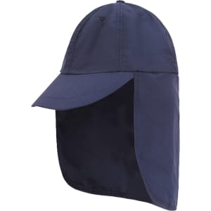 A navy baseball cap with a neck flap, featuring a simple design and a logo on the front.