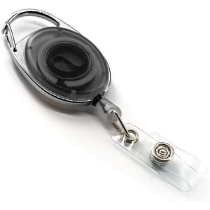 A retractable oval card holder in black, featuring a silver clip and a transparent card attachment.