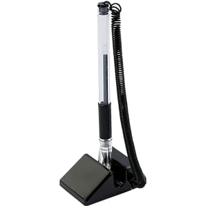 A black counter fixed signature pen with a clear barrel and coiled cord, resting on a triangular base.