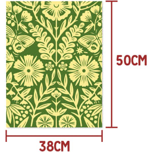 A kraft paper sheet measuring 38x50cm, featuring a green background with yellow floral patterns and a logo.