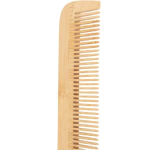 A fine-tooth bamboo comb with a light brown finish, featuring evenly spaced teeth and a curved edge, has a branding logo.