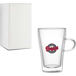 A double wall mug with a clear glass design, featuring a handle and a logo, alongside a plain white box.