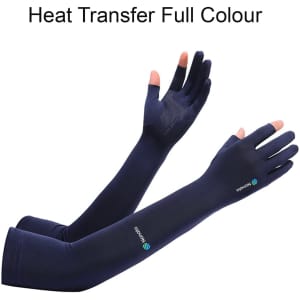 Long sleeve navy sun protective gloves with two open fingers, featuring a logo.