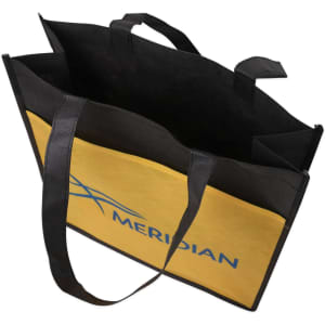 A wide, non-woven tote bag in yellow and black, featuring a logo on the front and dual handles.