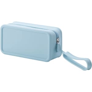 A blue silicone square cosmetic bag with a zip closure and a wrist strap. It has a simple design and a logo.