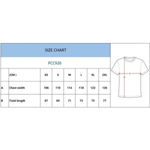 A size chart for a T-shirt, detailing chest width and total length measurements in centimetres.