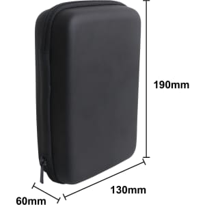 A large black zipper case with dimensions displayed, ideal for organising toiletries and accessories.